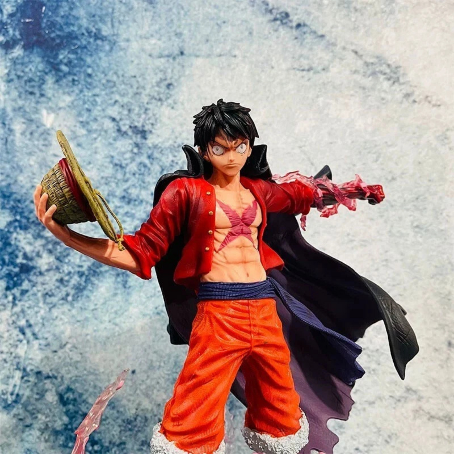 Monkey D. Luffy Conqueror's Haki figure with red aura, two heads, and detailed Straw Hat base from One Piece anime