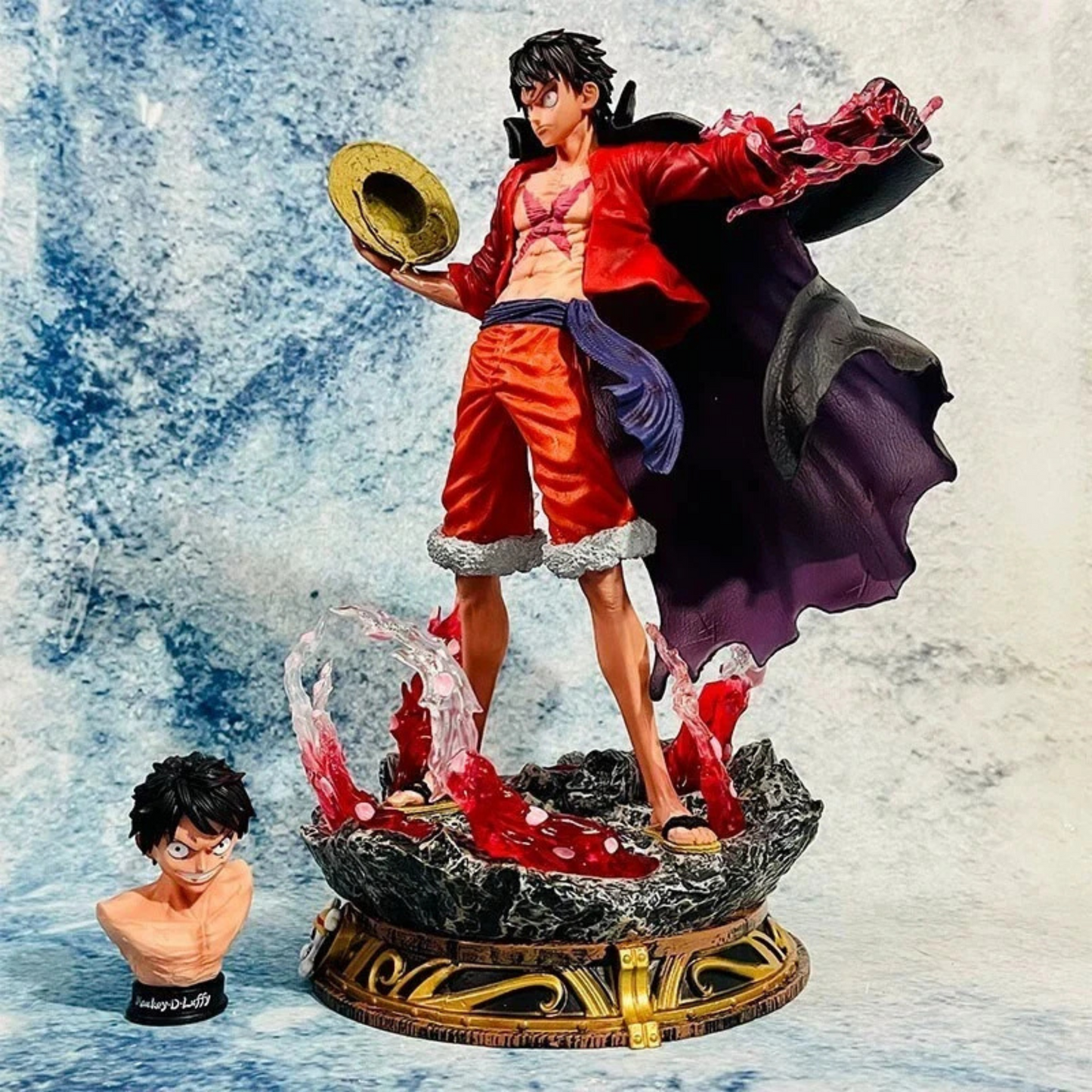Monkey D. Luffy Conqueror's Haki figure with red aura, two heads, and detailed Straw Hat base from One Piece anime