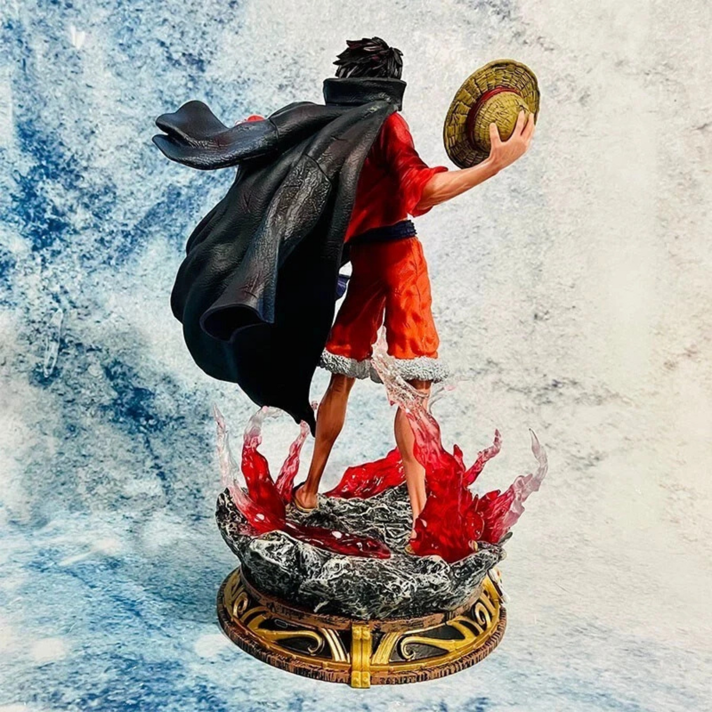Monkey D. Luffy Conqueror's Haki figure with red aura, two heads, and detailed Straw Hat base from One Piece anime