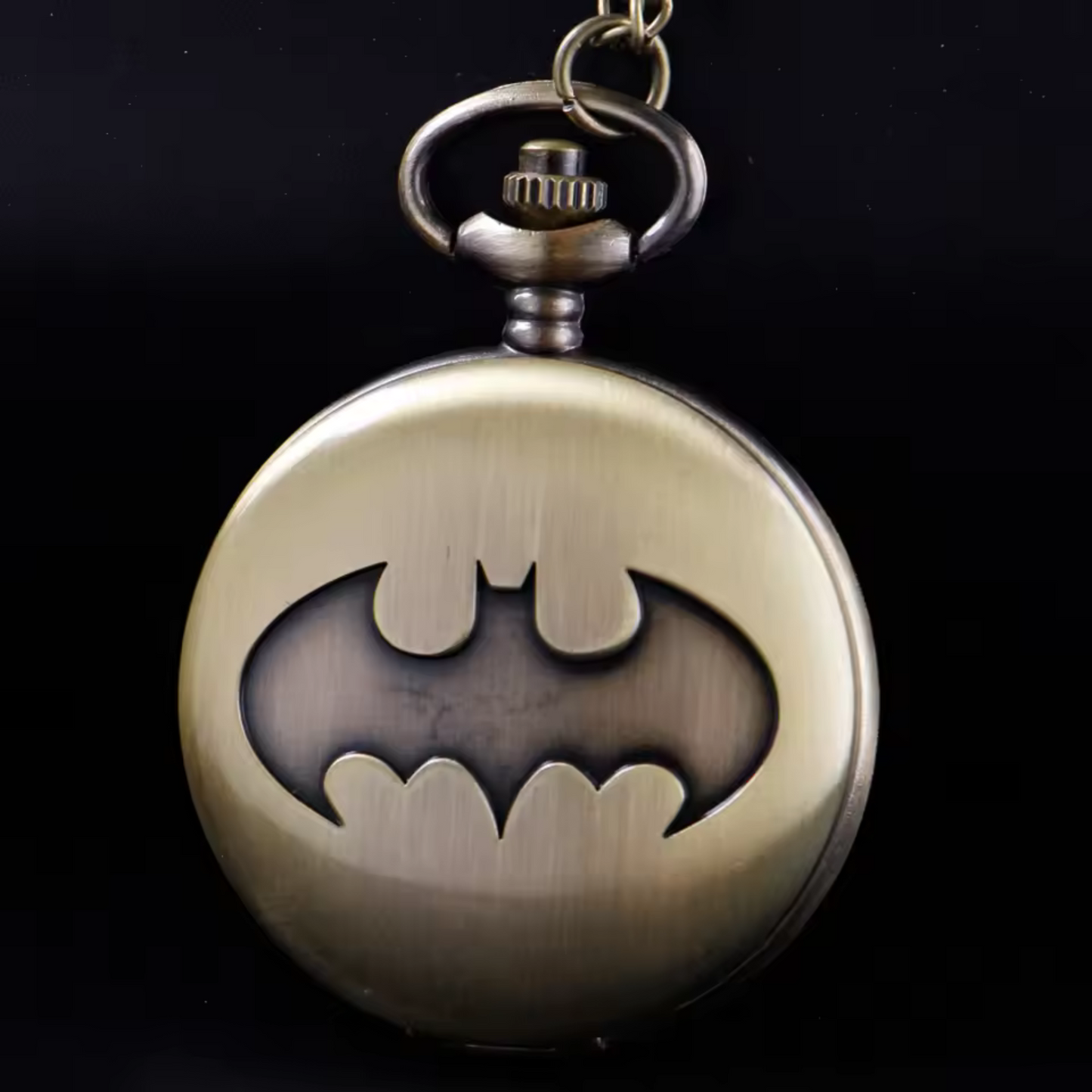 Vintage-style Batman metal pocket watch with keychain attachment featuring the iconic bat symbol