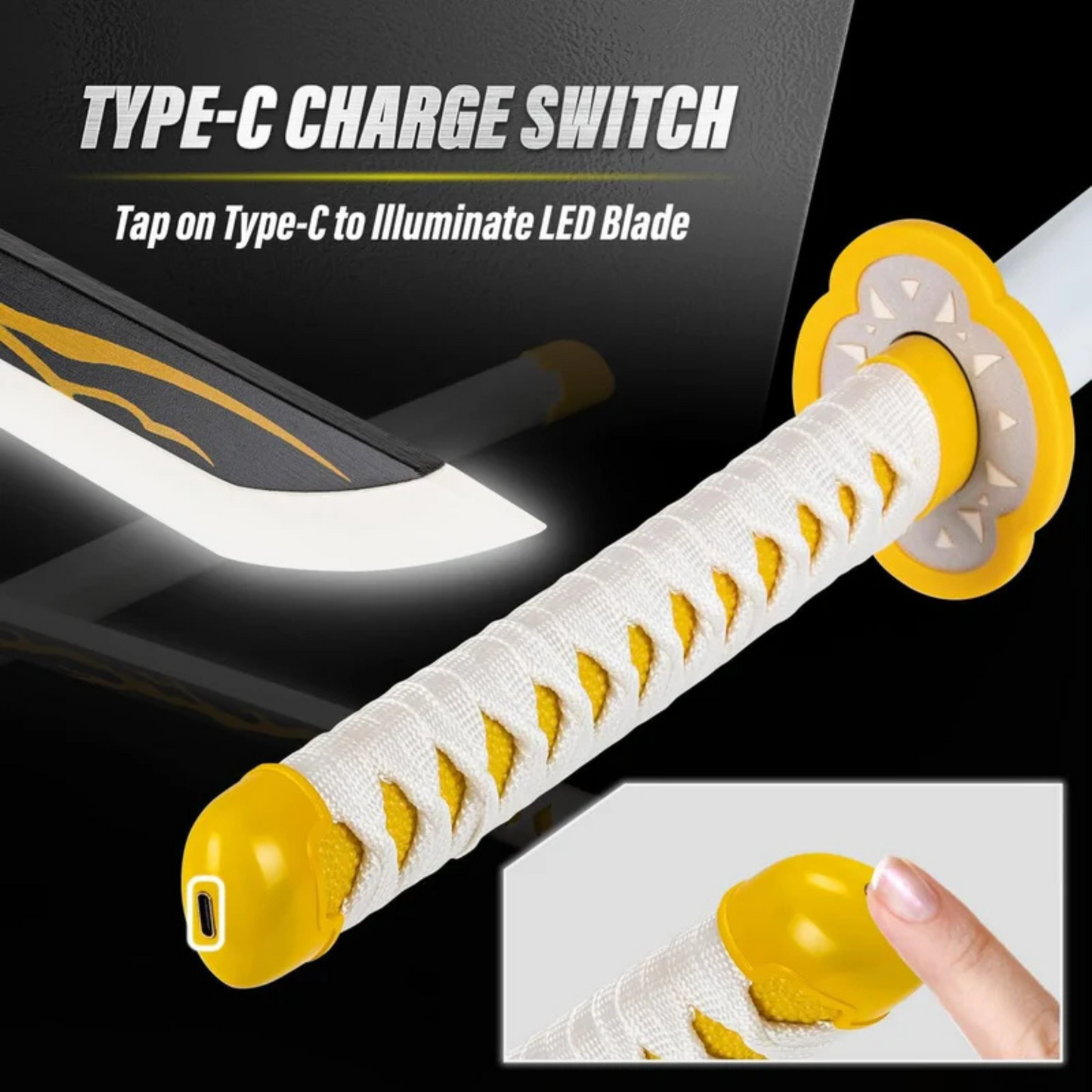Close-up of Zenitsu’s black blade with lightning bolt design – premium cosplay prop