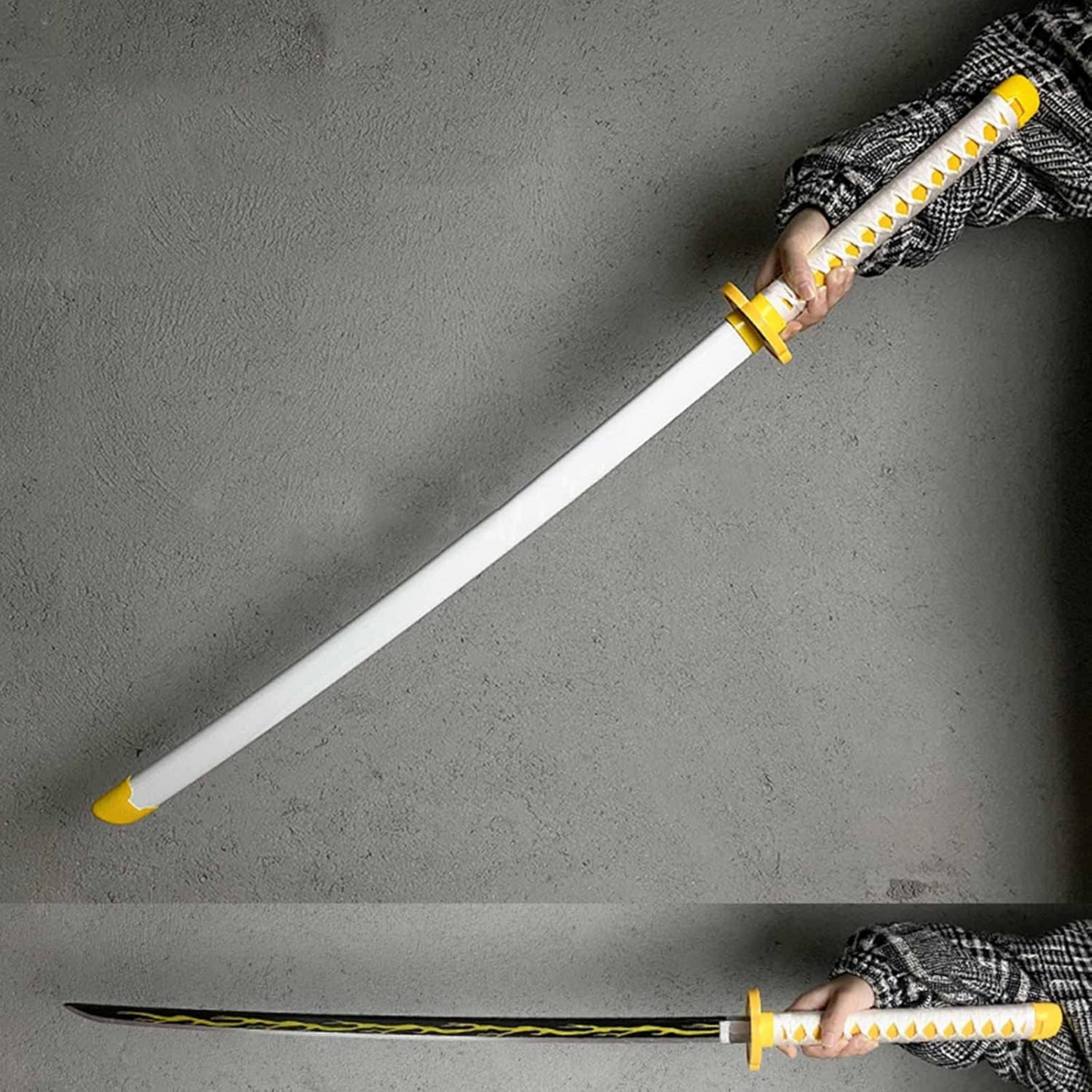 Close-up of Zenitsu’s black blade with lightning bolt design – premium cosplay prop