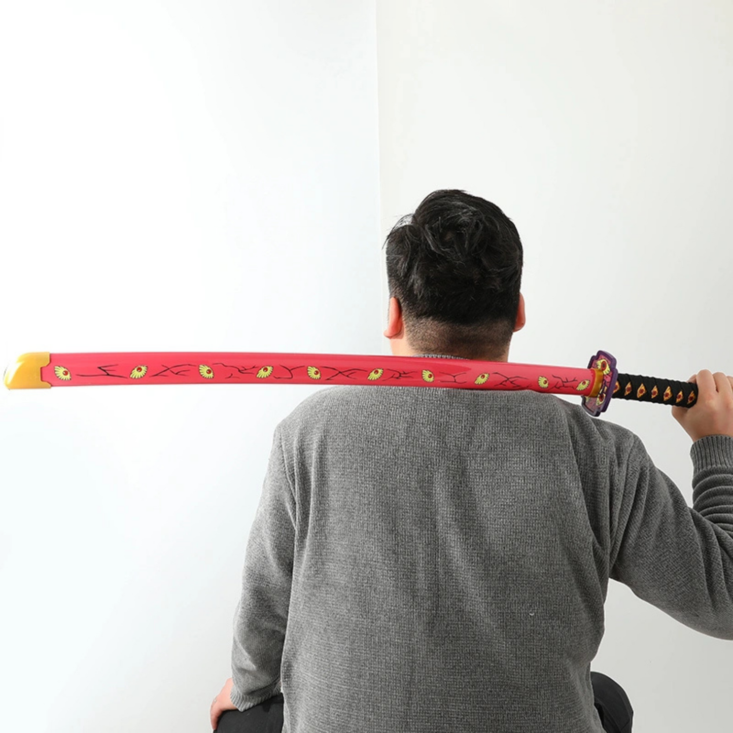 Pink LED katana with eye pattern and black handle from Demon Slayer