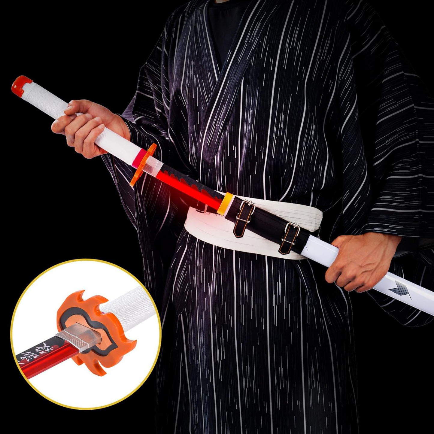 Close-up of Rengoku’s red blade with flame inscription and katana details
