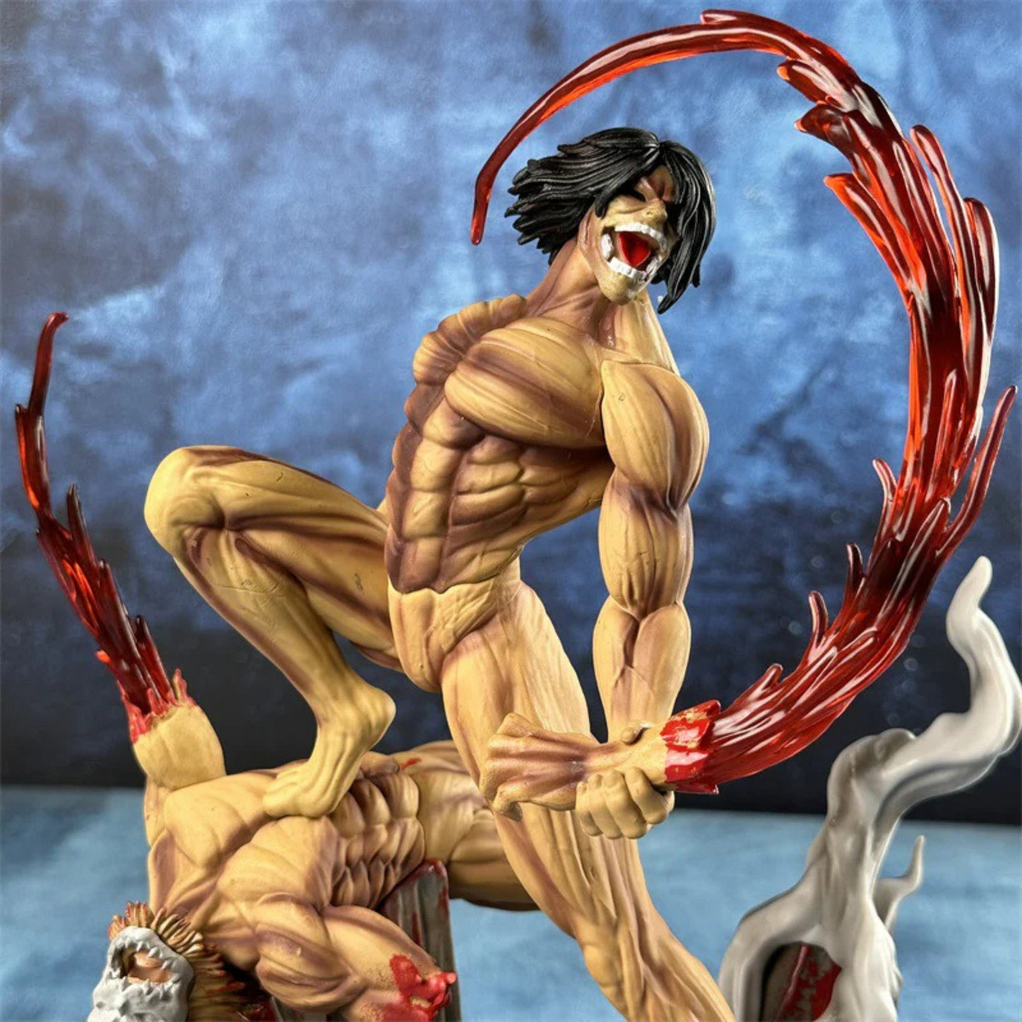 Eren Yeager Attack on Titan Action Figure in Fighting Pose – 29 cm anime collectible with Beast Titan defeat base.