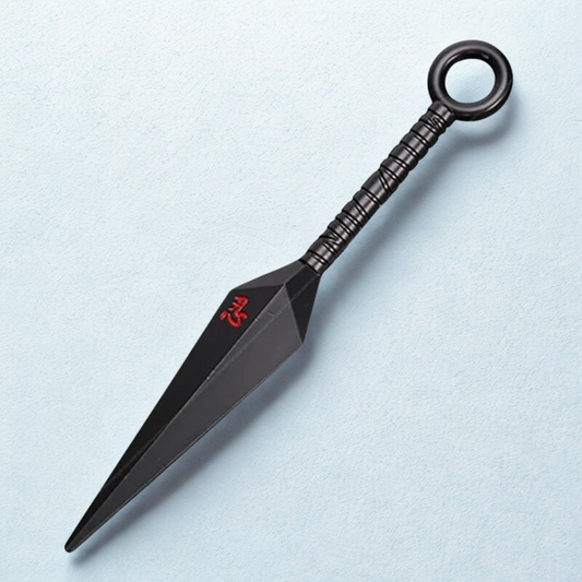 Naruto Asuma's Chakra Blade replica with black metallic finish and red kanji symbol, displayed vertically against a textured grey background