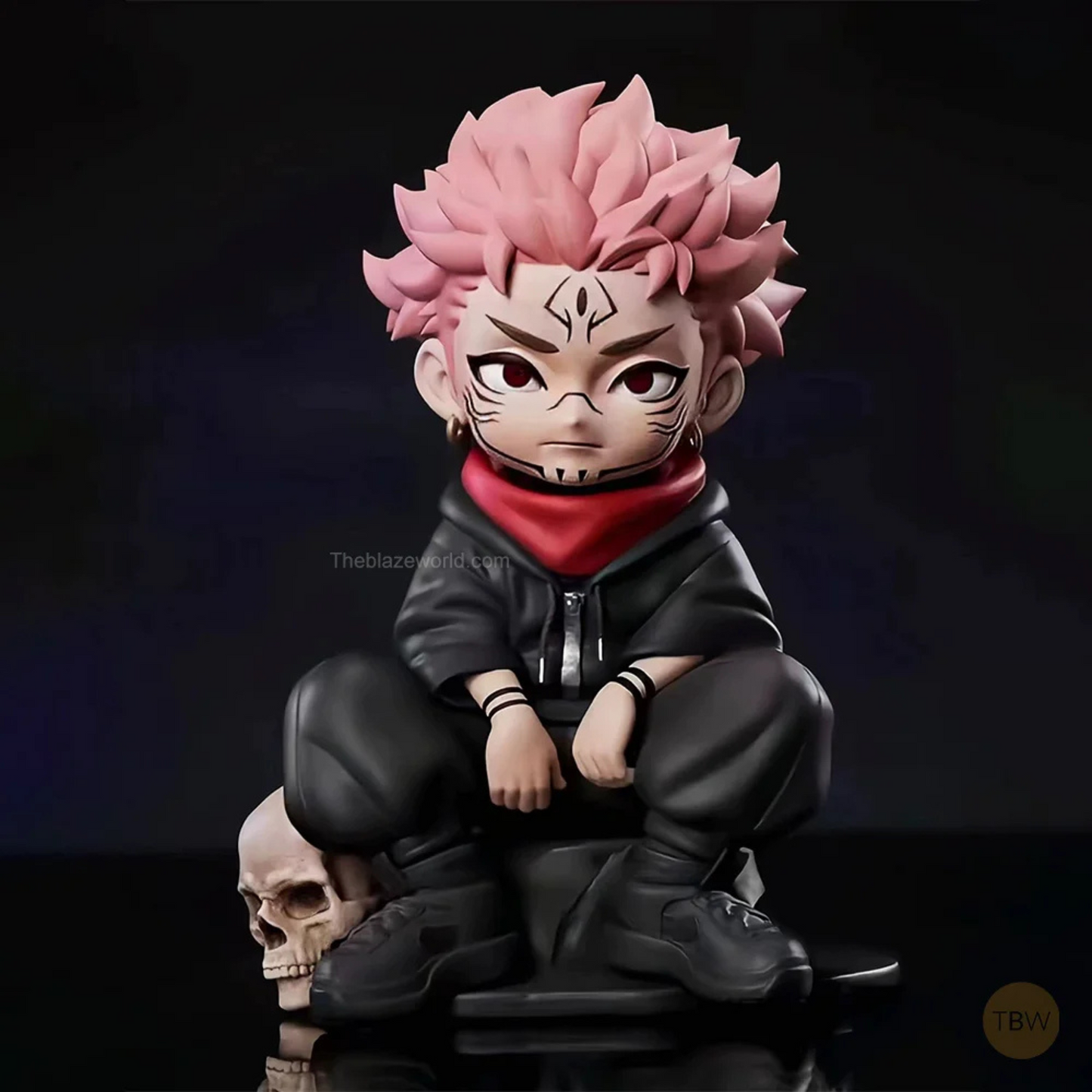 Chibi-style Ryomen Sukuna 12 cm action figure sitting on a skull base – Jujutsu Kaisen anime collectible