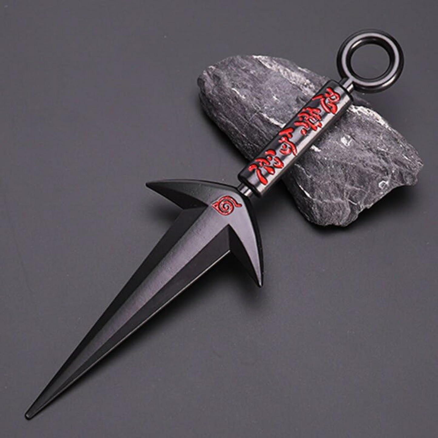 Naruto Minato Namikaze triple-blade black kunai replica with red kanji engraving on matte background
