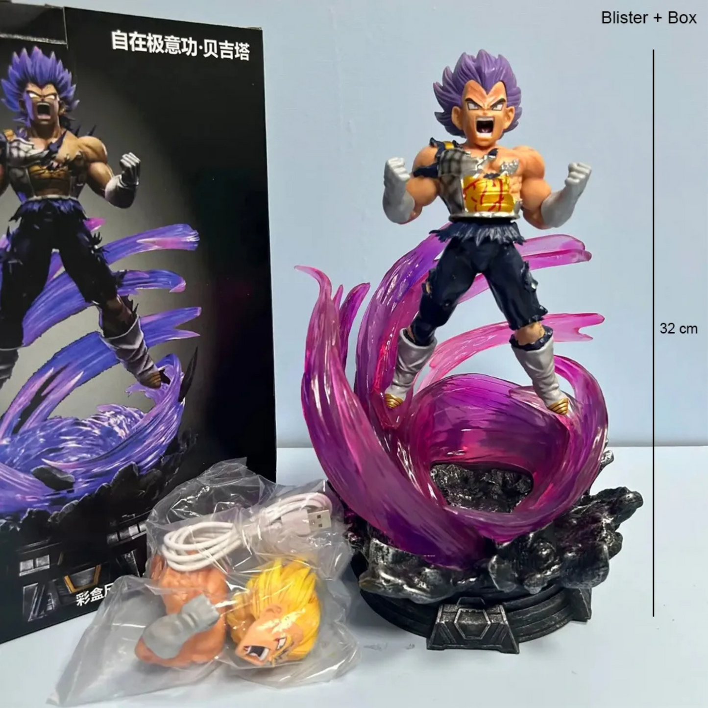 Dragon Ball Z action figure of Super Saiyan Ultra Instinct Vegeta with LED base, purple energy swirl, and interchangeable heads.