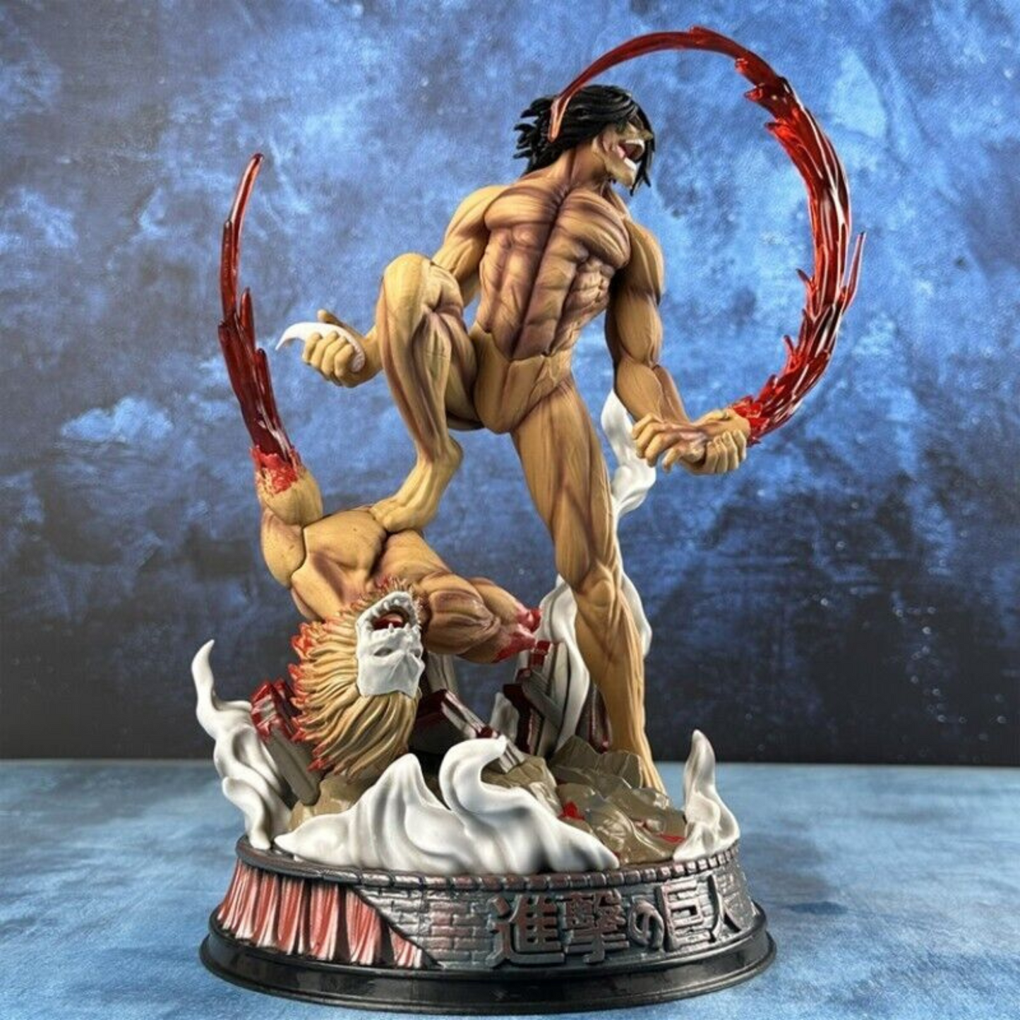 Eren Yeager Attack on Titan Action Figure in Fighting Pose – 29 cm anime collectible with Beast Titan defeat base.