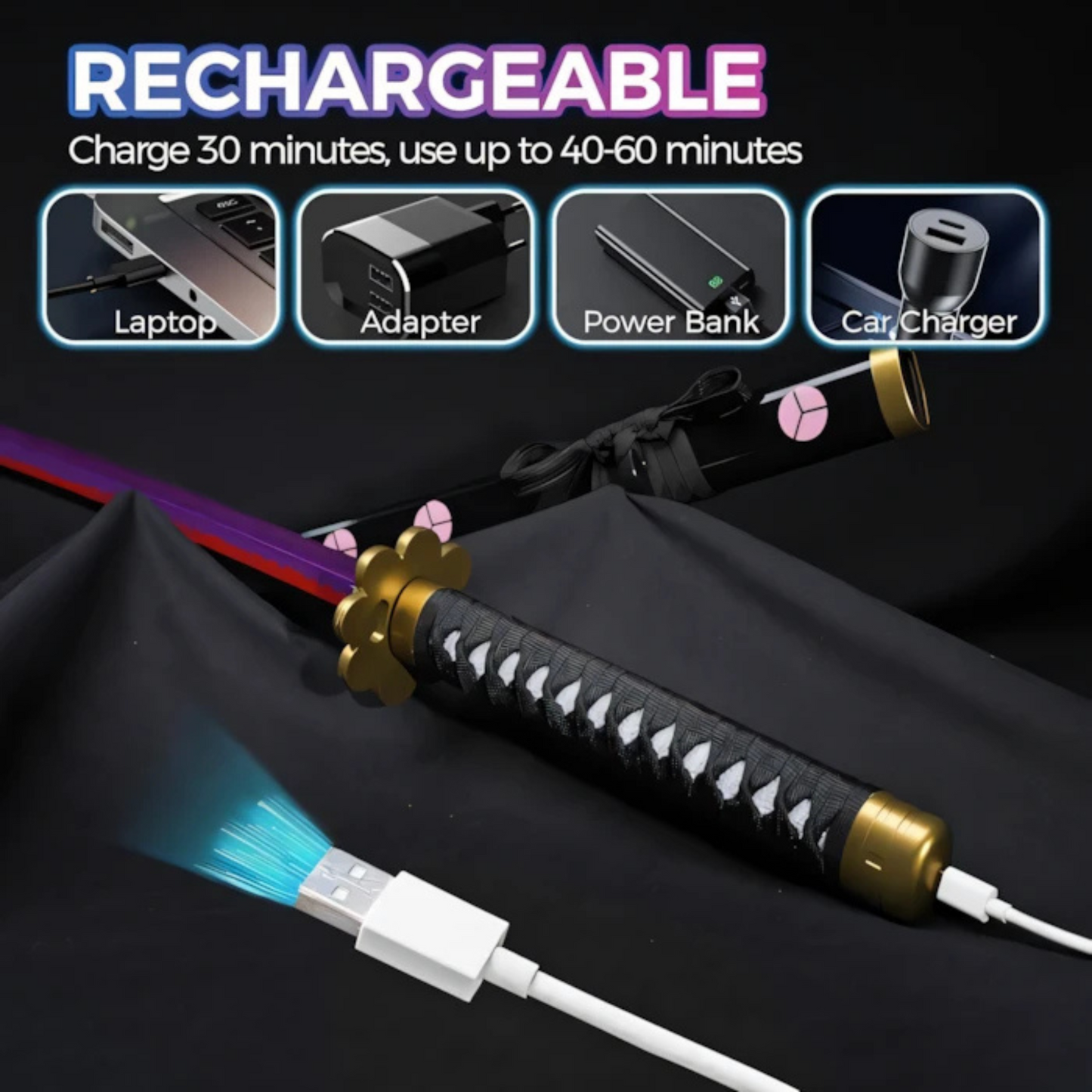 LED Black Blade Shusui Katana with Rechargeable Battery