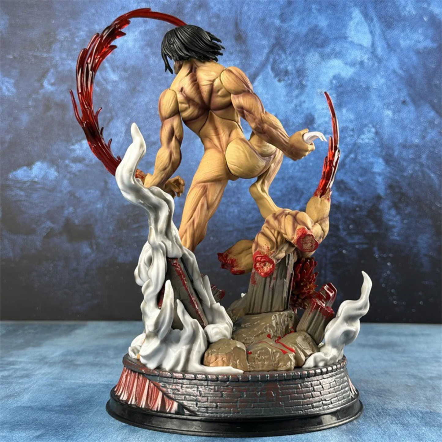 Eren Yeager Attack on Titan Action Figure in Fighting Pose – 29 cm anime collectible with Beast Titan defeat base.