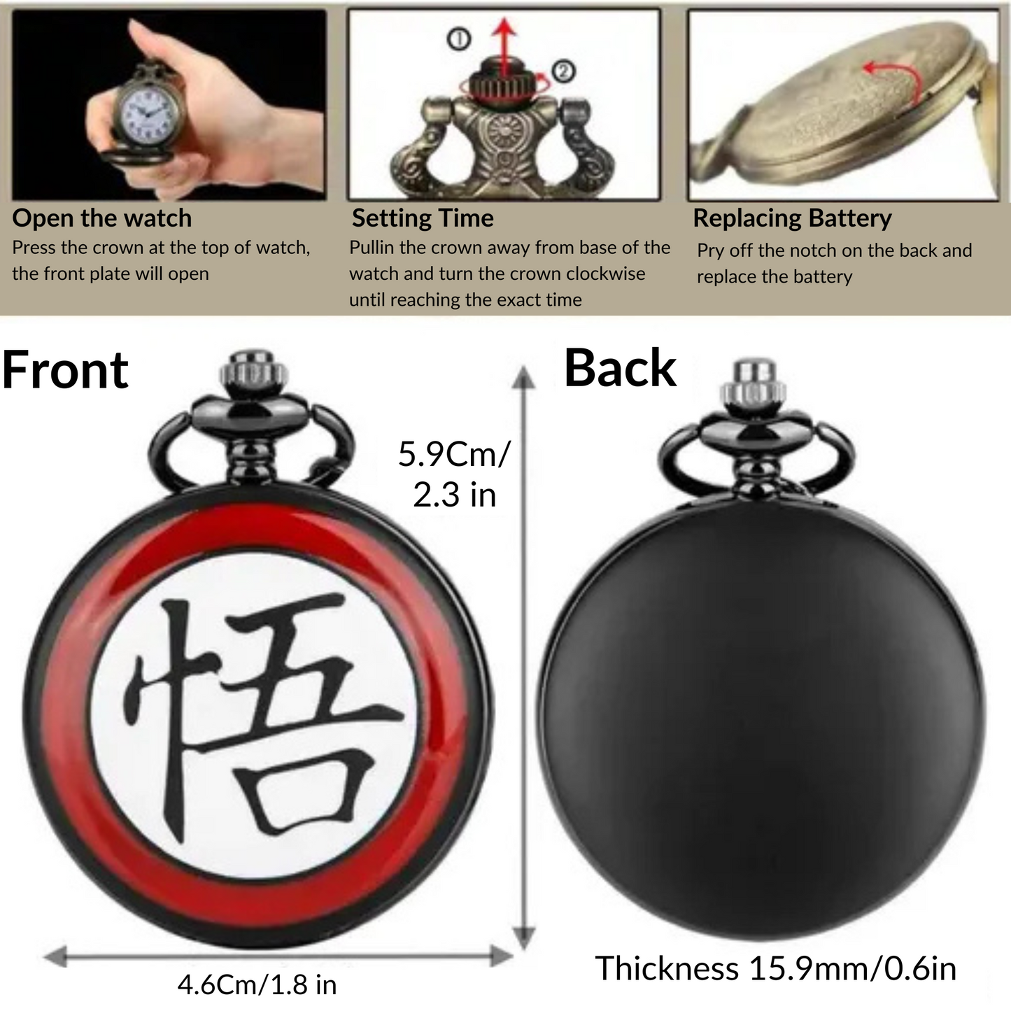 Close-up of engraved Demon Slayer pocket watch with bold numerals