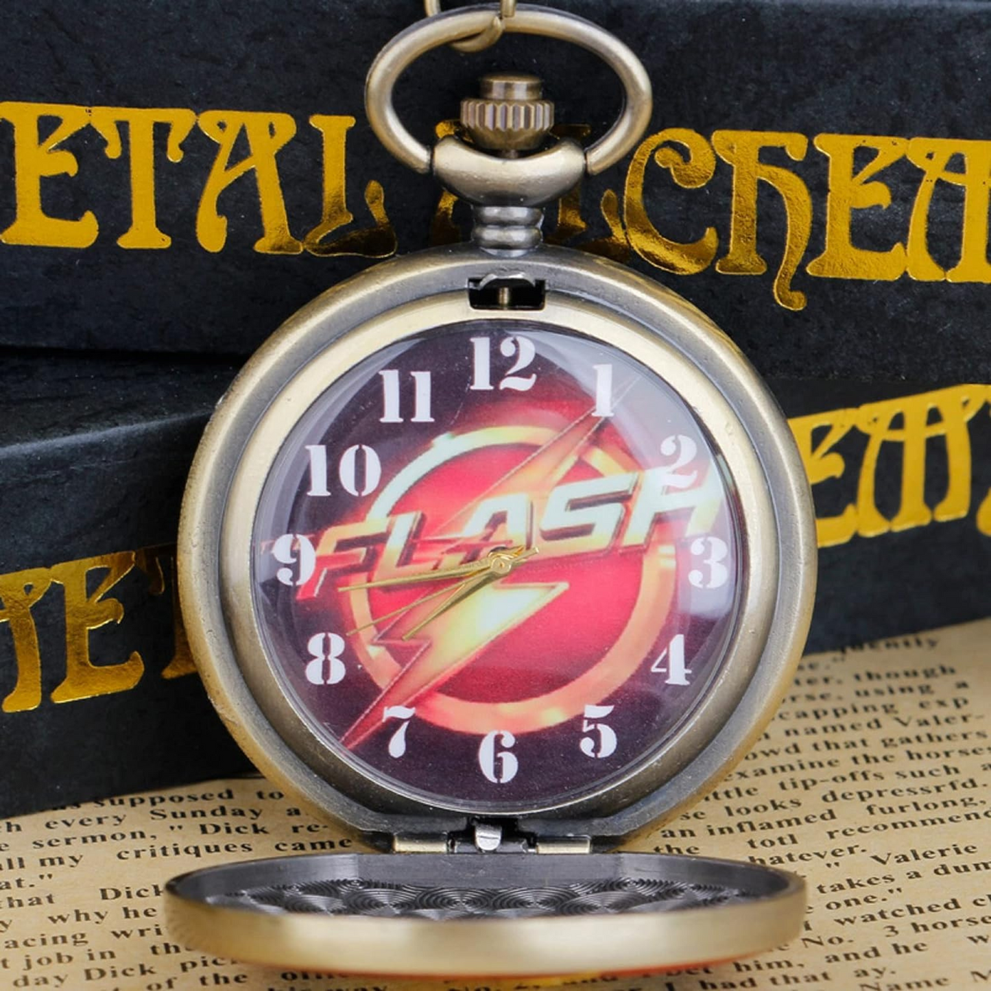 Close-up of engraved Flash pocket watch with bold numerals and sleek finish