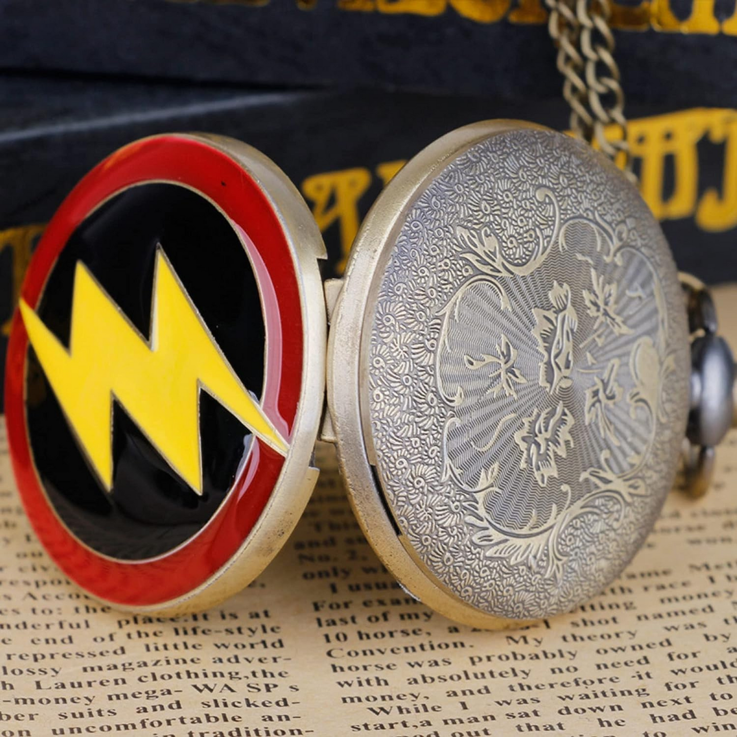Close-up of engraved Flash pocket watch with bold numerals and sleek finish