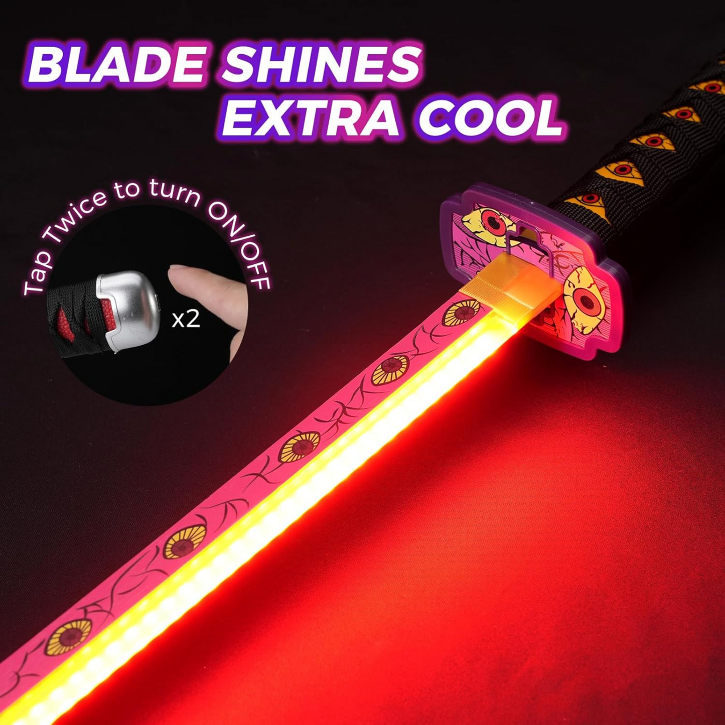 Kokushibo Nichirin LED katana with pink blade, multiple eyes, scabbard, belt strap, and stand