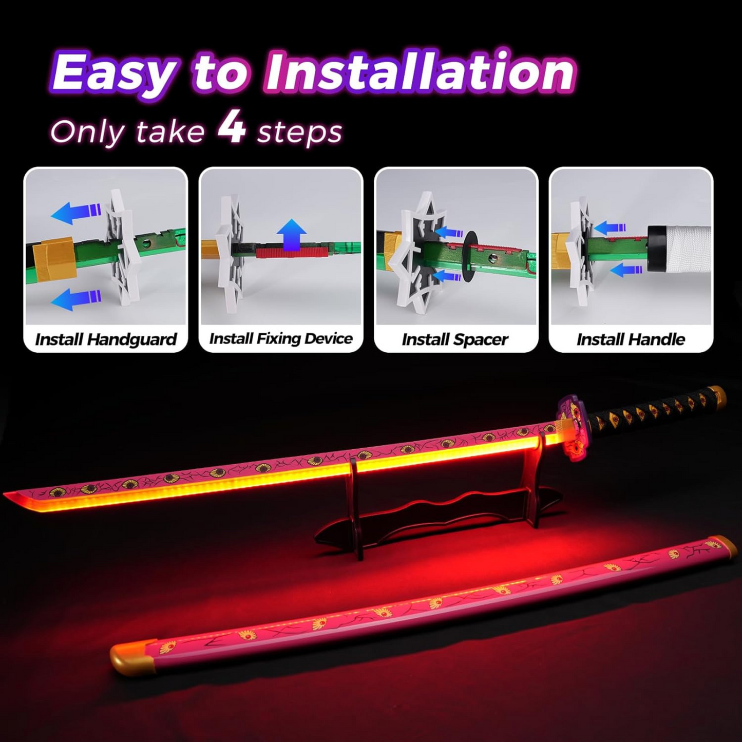 Kokushibo Nichirin LED katana with pink blade, multiple eyes, scabbard, belt strap, and stand