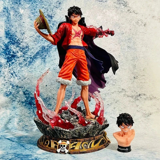 Monkey D. Luffy Conqueror's Haki figure with red aura, two heads, and detailed Straw Hat base from One Piece anime