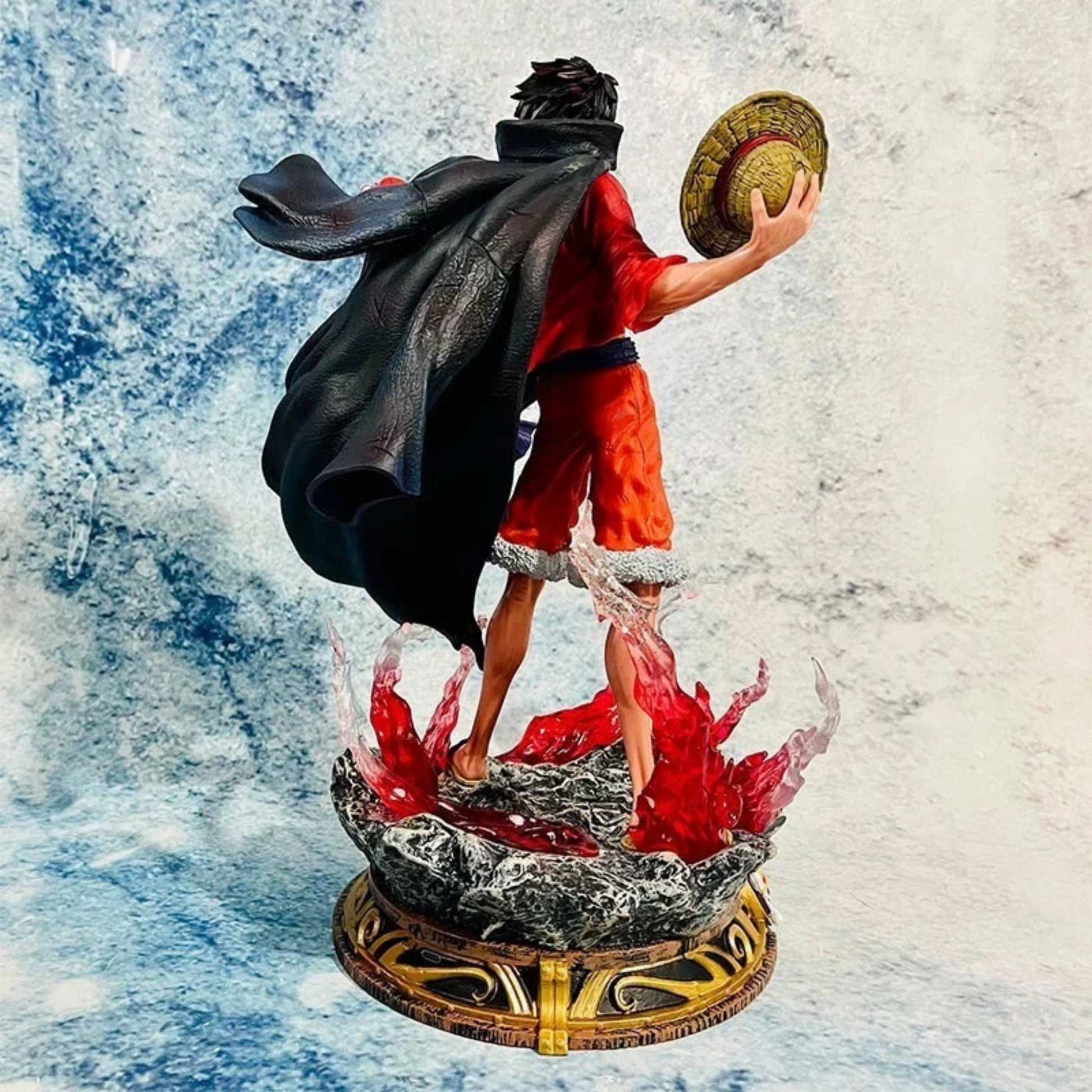 Monkey D. Luffy Conqueror's Haki figure with red aura, two heads, and detailed Straw Hat base from One Piece anime
