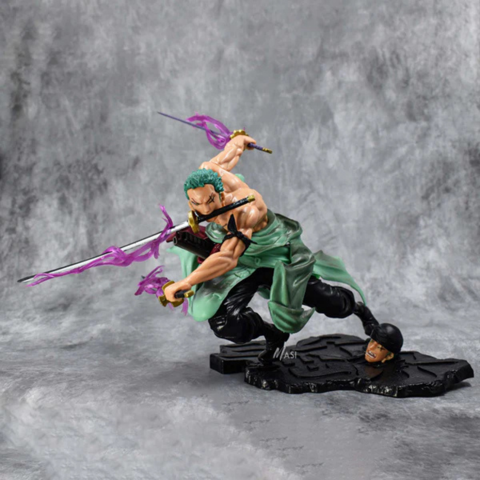 Close-up of Zoro’s intense expression and katana-wielding pose – anime figure