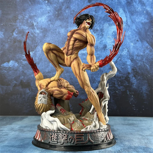 Eren Yeager Attack on Titan Action Figure in Fighting Pose – 29 cm anime collectible with Beast Titan defeat base.