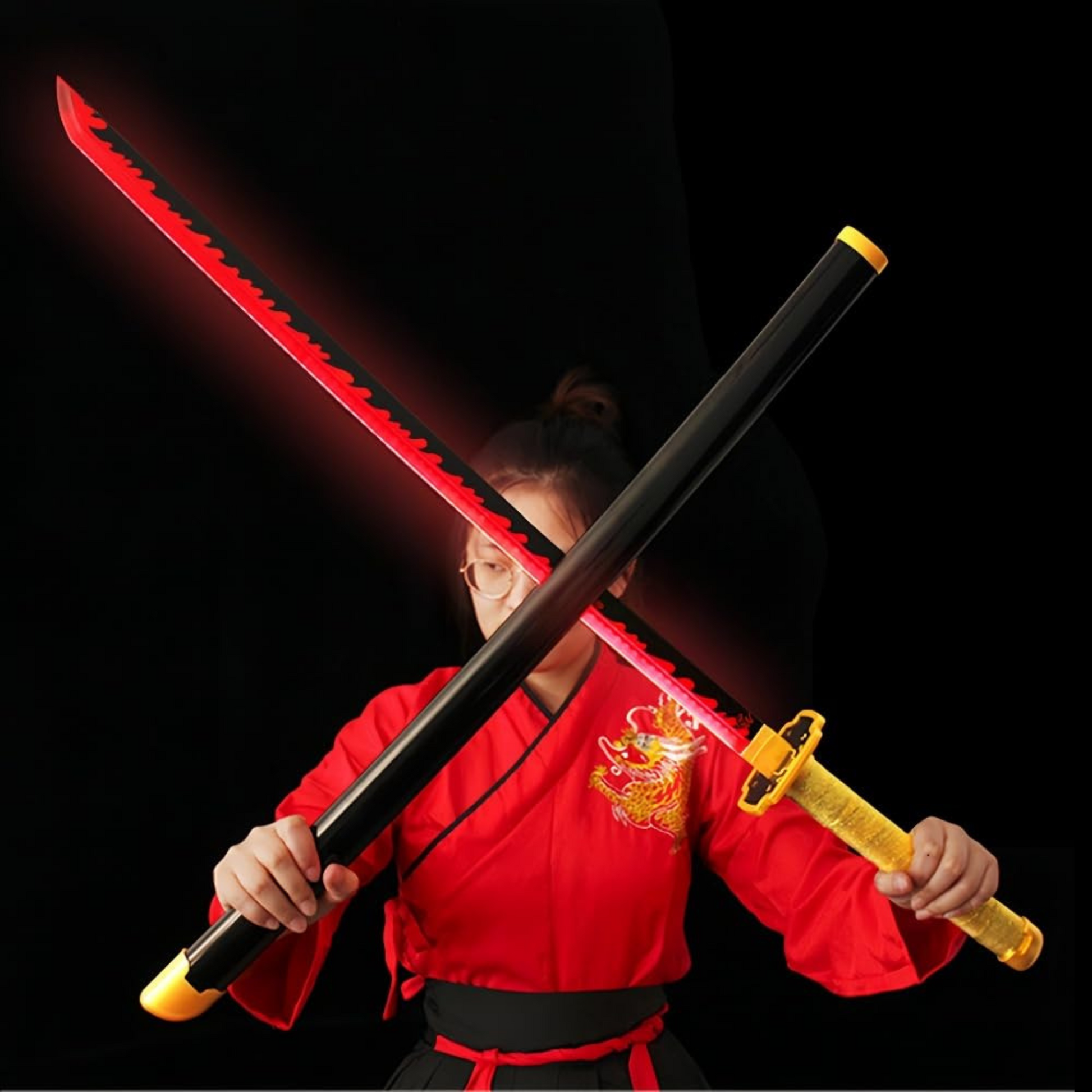 Close-up of Yoriichi’s black blade with gold sun pattern – premium katana replica