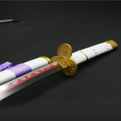 Zoro’s white Enma wooden katana displayed with white and gold hilt