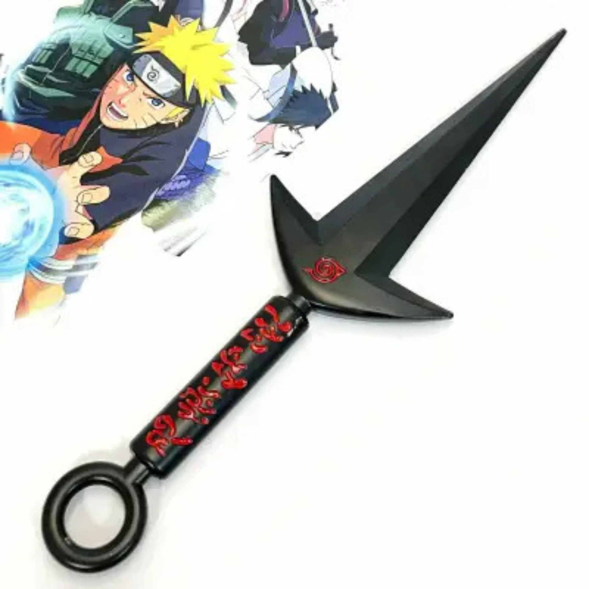 Naruto Minato Namikaze triple-blade black kunai replica with red kanji engraving on matte background