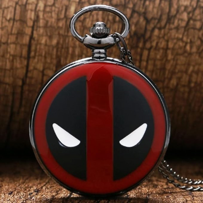 Close-up of Deadpool-themed pocket watch with retro dial and bold numerals